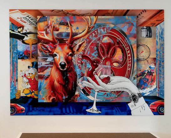 Airbrush-Collage mit Hirsch und Comicfiguren, Twistringen