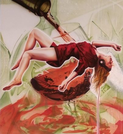 Airbrush-Gemälde: Frau im roten Kleid, Hotel am Triller, Saarbrücken