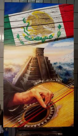 Airbrush-Tafel: Mexiko-Motiv mit Pyramide und Gitarre