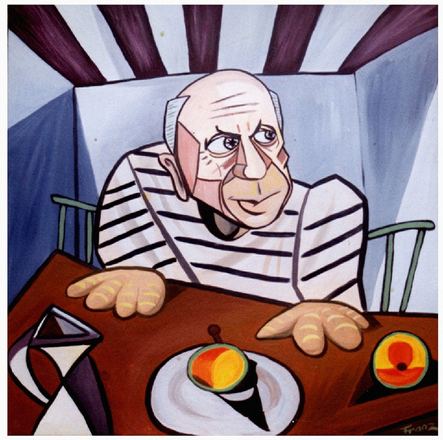 Illustration: Picasso am Tisch, im Stil des Kubismus