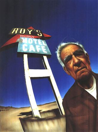 Illustration: Roy's Motel Cafe an der Route 66 mit altem Mann