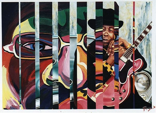 Illustration: Bluesgitarrist, Streifen-Collage