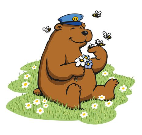 Illustration: Honigbär mit Blumen, Etikett für Ursapharm