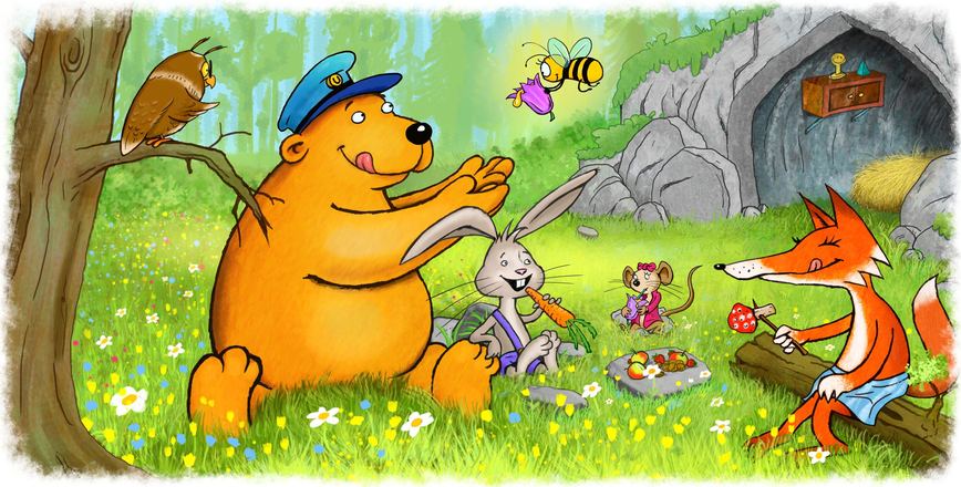 Kinderbuch-Illustration: Fuchs, Bär und Hase im Wald, Ursapharm