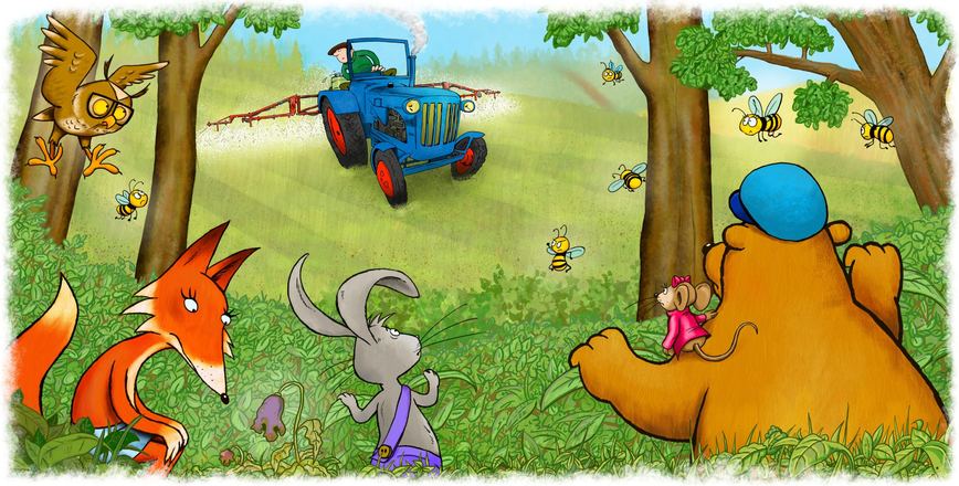 Kinderbuch-Illustration: Waldszene mit Tieren, Ursapharm