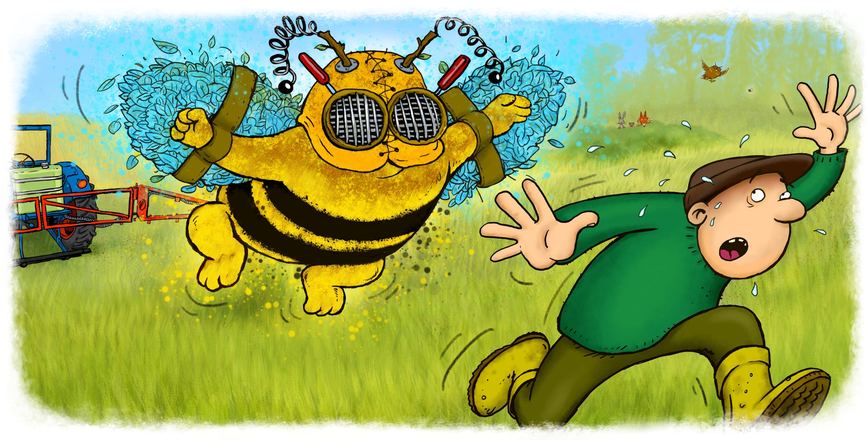 Kinderbuch-Illustration: Biene und Junge auf der Wiese, Ursapharm