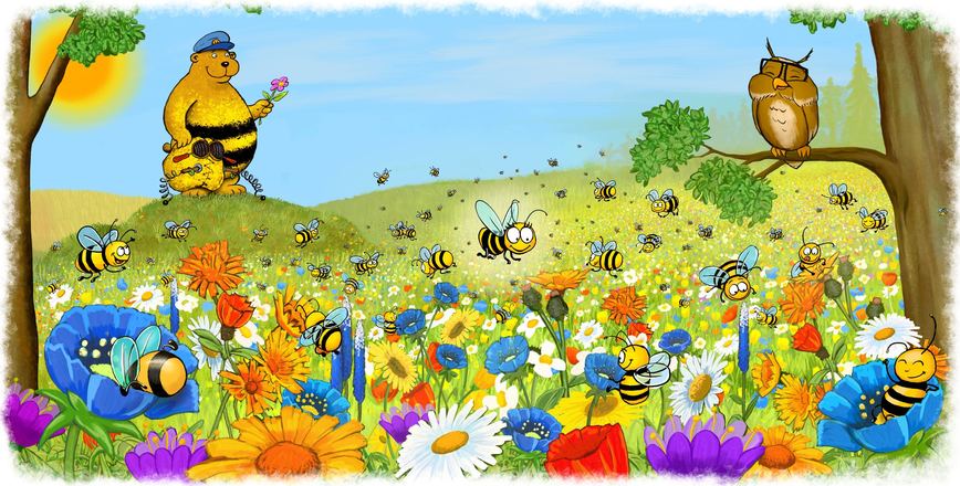 Kinderbuch-Illustration: Blumenwiese mit Tieren, Ursapharm