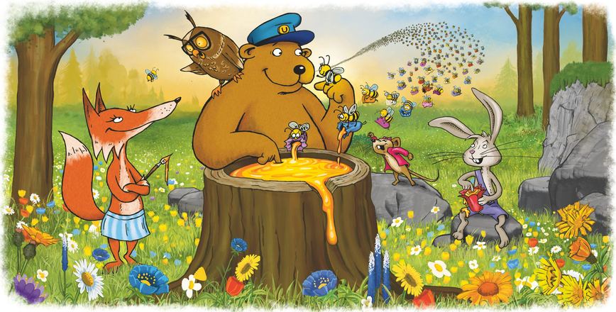 Kinderbuch-Illustration: Bär auf Baumstumpf, Ursapharm