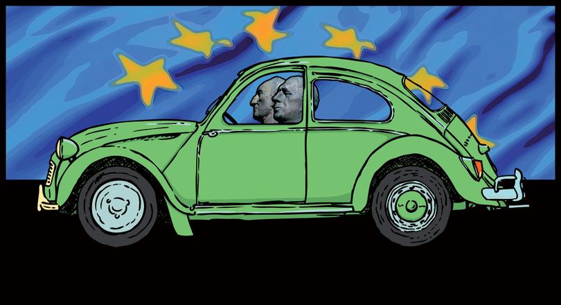 Illustration: VW Käfer vor Europaflagge
