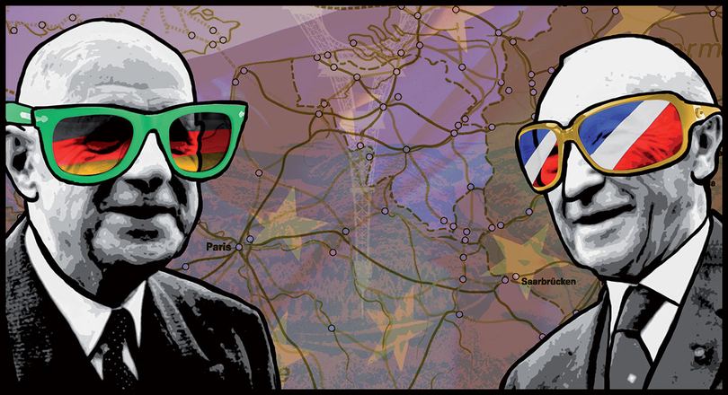 Illustration: Charles de Gaulle und Konrad Adenauer mit bunten Brillen vor einer Landkarte