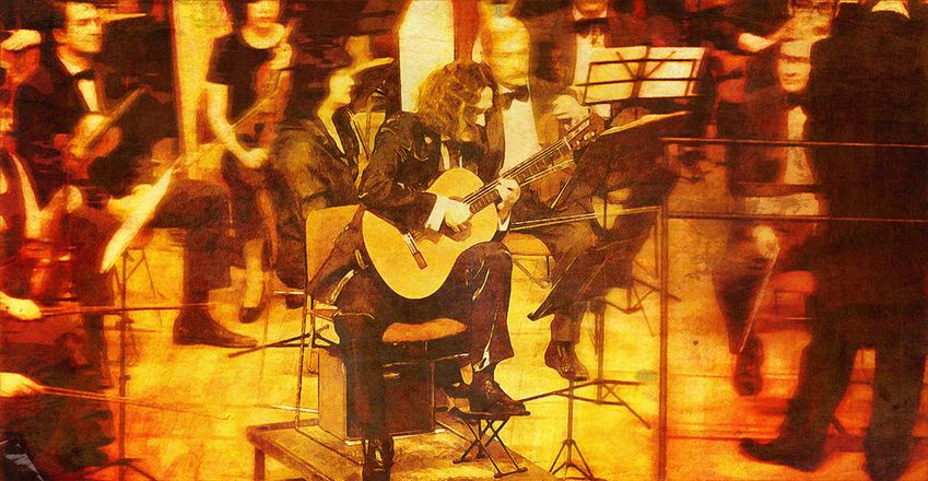 Illustration: Band auf der Bühne, warme Farben, für music&sales