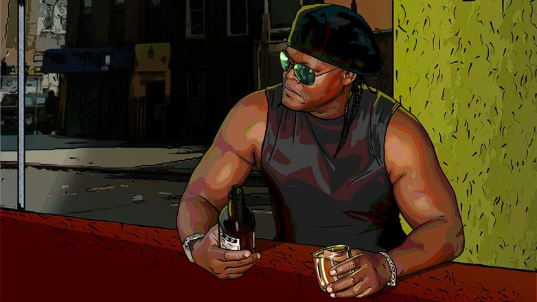 Illustration: Mann mit Sonnenbrille am Tisch, Serie „James Dark“