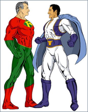 Illustration: zwei Superhelden, „Face to Face“, Entwurf für SR1