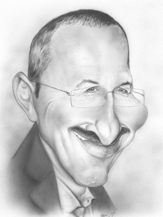 Karikatur: lächelnder Mann mit Brille, Bleistift