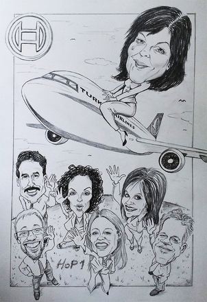 Gruppenkarikatur mit Flugzeug, Firmengeschenk